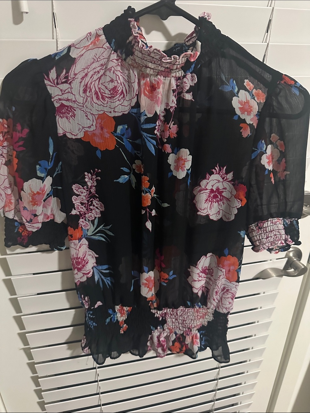 meraki Black Sheer Floral Smocked-Neck Blouse with Pink & Orange Blooms